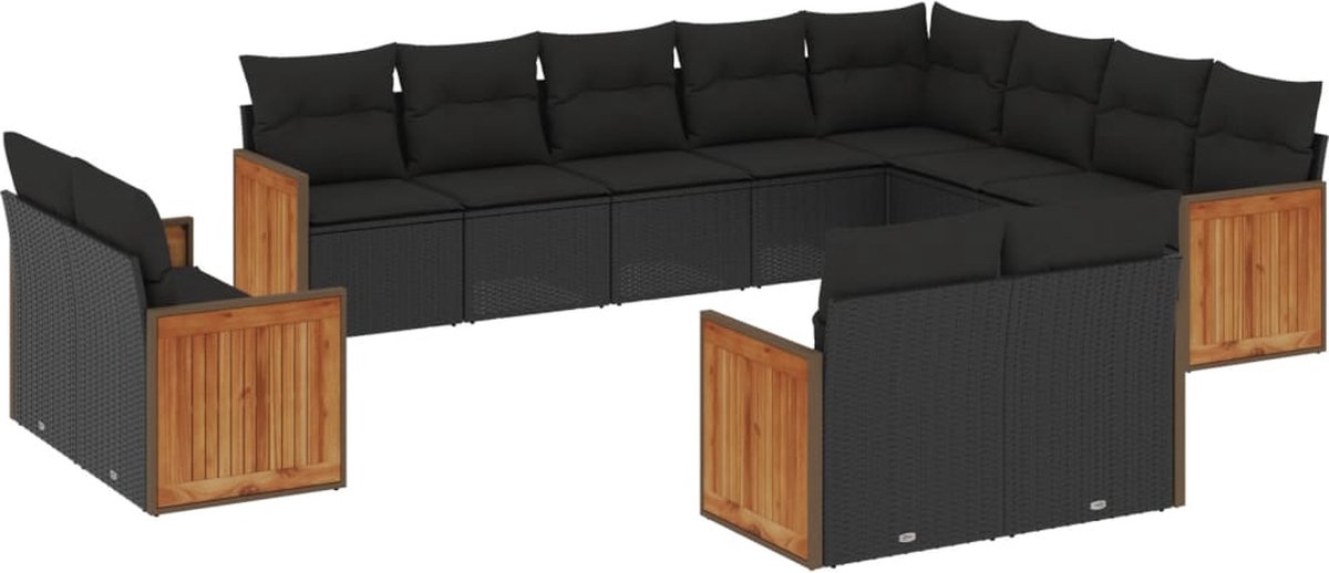 The Living Store 12-delige Loungeset met kussens poly rattan zwart - Loungebank - Tuinset - Lounge Set - Buitendecoratie - Tuinmeubels