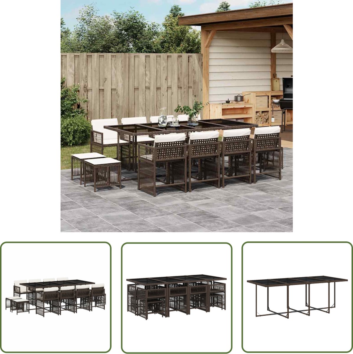 The Living Store 13-delige Tuinset met kussens poly rattan bruin - Tuinset - PE-rattan - Buitendecoratie - Lounge Set - Eetkamerset