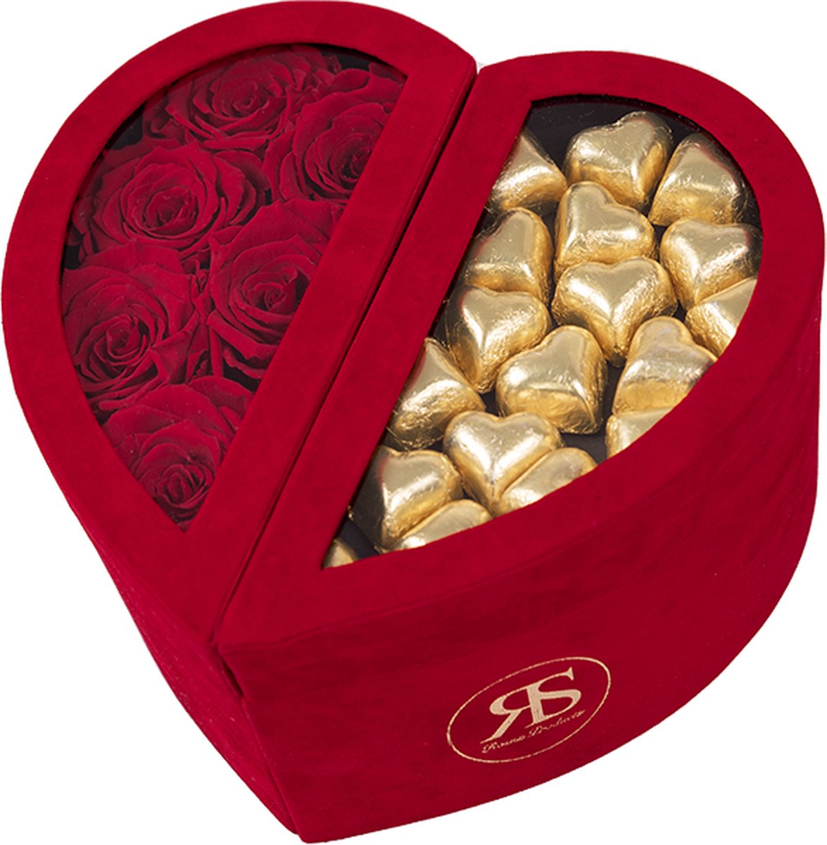Chocolade box Scarlet rood goud - Ruim assortiment aan Luxe & Handgemaakte cadeaus - Verras op een speciale manier - 2 jaar houdbare rozen!