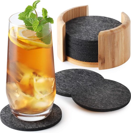 Vilten onderzetters, rond, 16 stuks, antislip, hittebestendig, wasbaar, design glazen onderzetters voor bekers, bier, tafel, bars onderzetters (donkergrijs