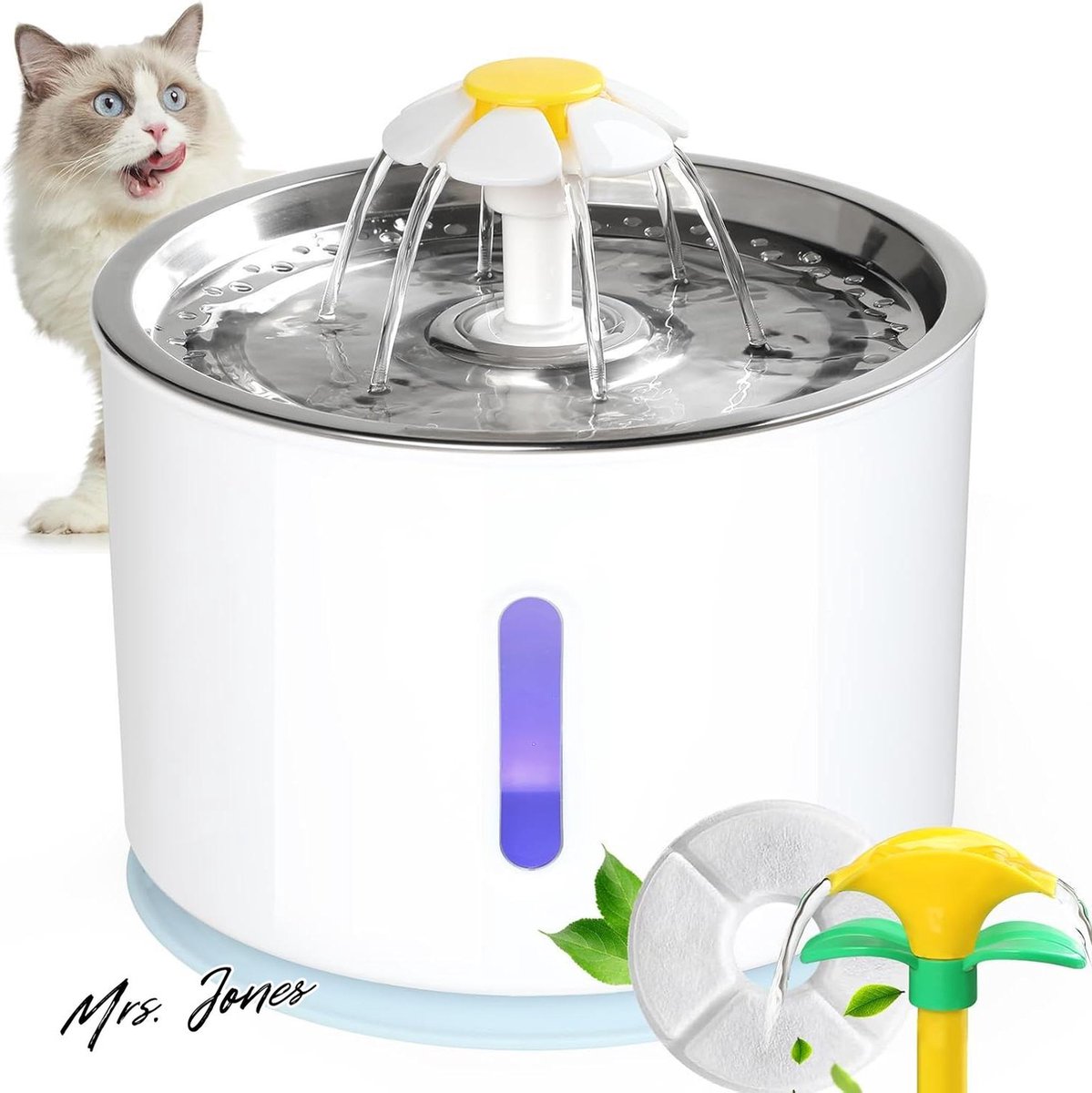 Mrs. Jones Waterfontein 24 liter voor katten honden dienblad roestvrij staal led-actieve koolfilter reservemondstuk blauw .
