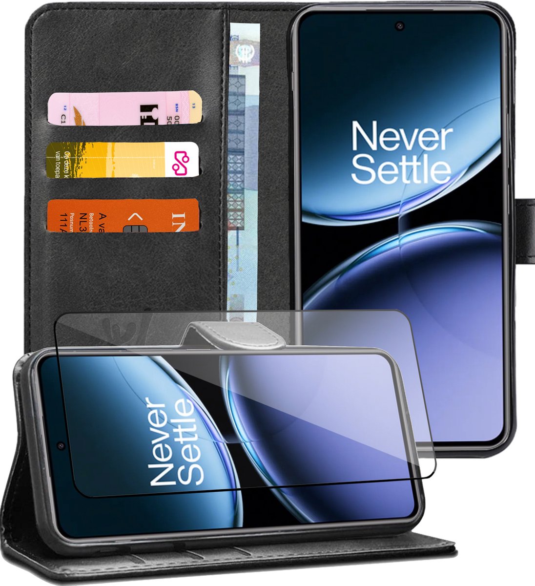 Hoesje geschikt voor OnePlus Nord 4 - Screenprotector Glas - Portemonnee Book Case Zwart