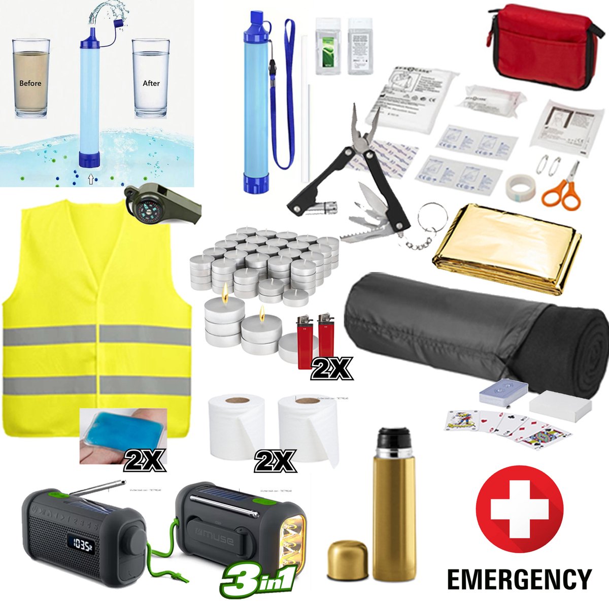 Stroomuitval Noodpakket - 72 uur - Compleet Overlevingspakket met Noodradio - Powerbank & Waterfilter - EHBO - Zonne-energie & Dynamo - Voor Noodsituaties & Outdoor - Overheid advies