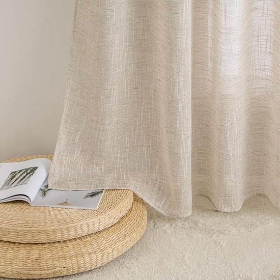 Goodivery ® Rideaux en Lin, Rideaux avec Bande plissée, Blanc, Rideau Aspect Lin, Bande plissée, Salon, Moderne, Voile, système de Rail, Chambre à Coucher, Lot de 2, 140 x 245 cm, Naturel