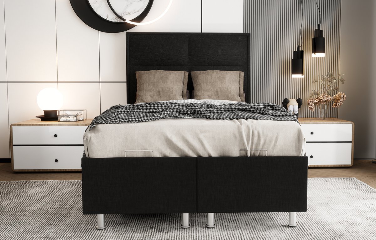 Nessa® - Opbergruimte Boxspring Block - 120x200 - Zwart - Inclusief Orthopedisch Pocketvering Matras - 500m2 veren