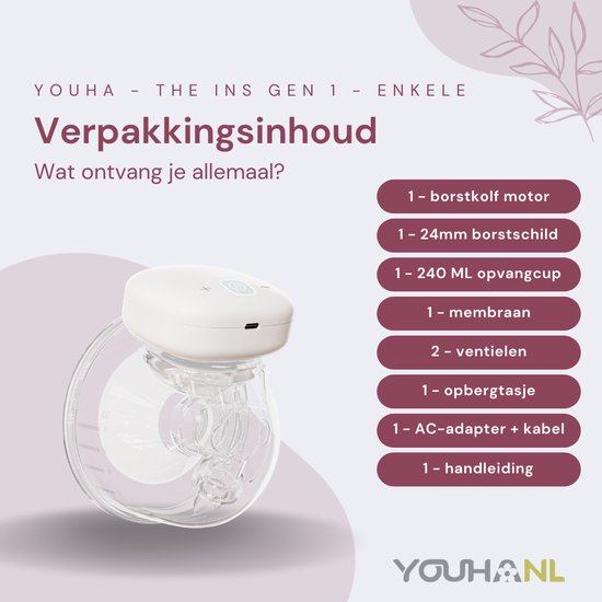 Verpakkingsinhoud Youha Gen 1: motor, borstschild, opvangcup, membraan, ventielen, opbergtasje, adapter + kabel, handleiding.