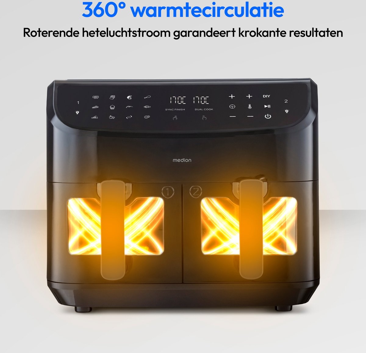 Afbeelding 3 van MEDION P20 XXL Dubbele Airfryer (8,7 liter, 2.600 watt, heteluchtfriteuse met 2 kamers, kijkvenster, 9 automatische programma's, 2 lades, Dual Airfryer, Dual Cook & Sync finish functie) zwart