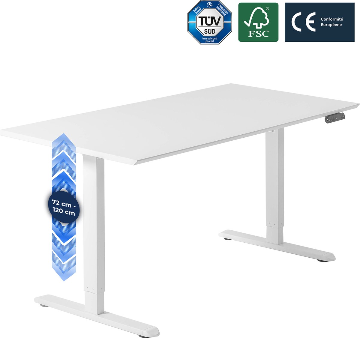 Backerz Zit Sta Bureau Elektrisch Verstelbaar 120 x 60 cm met Geheugenfunctie, Verstelbare Hoogte - Witte Poten en Wit Melamine Bureaublad