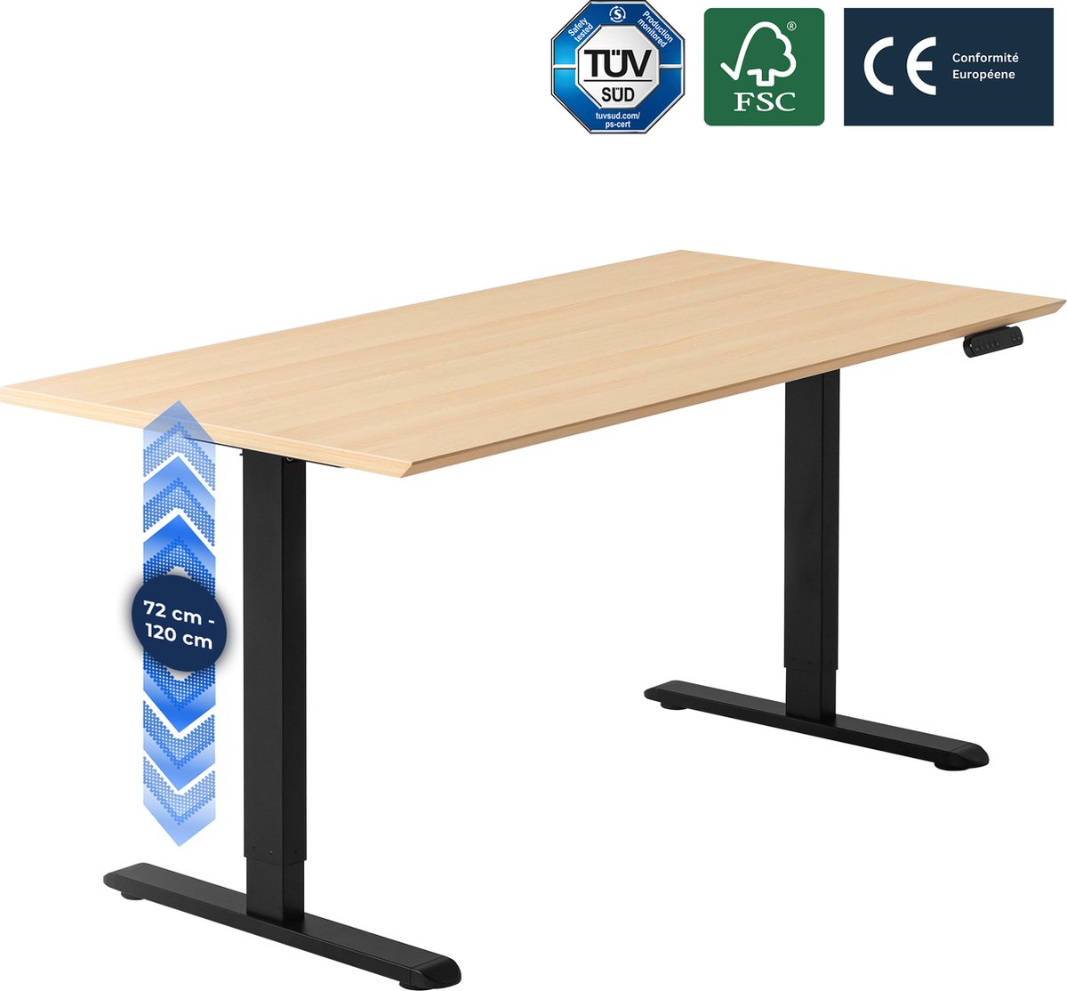 Backerz Zit Sta Bureau Elektrisch Verstelbaar 120 x 60 cm met Geheugenfunctie, Verstelbare Hoogte - Zwarte Poten en Eiken Melamine Bureaublad