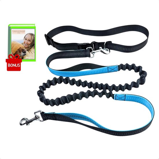 DogSeat Canicross Looplijn Hond met Heupriem voor Hardlopen - Zwart Blauw - Elastische Handsfree Hondenriem - Honden Trainingslijn - 130/180cm