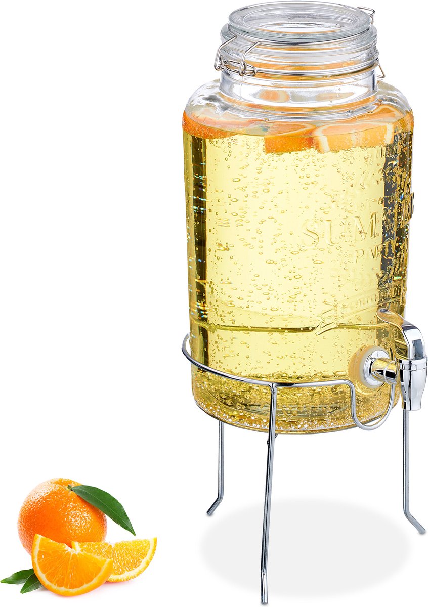drankdispenser met houder - 5 liter - tapkraan - beugelsluiting - glas