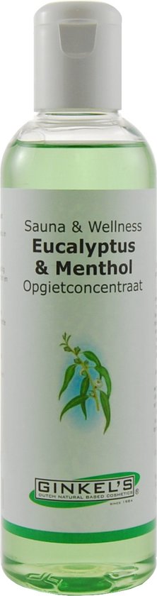 Doorzichtige fles met groene saunaconcentraat, etiket met 'Sauna & Wellness Eucalyptus & Menthol Opgetconcentraat'.