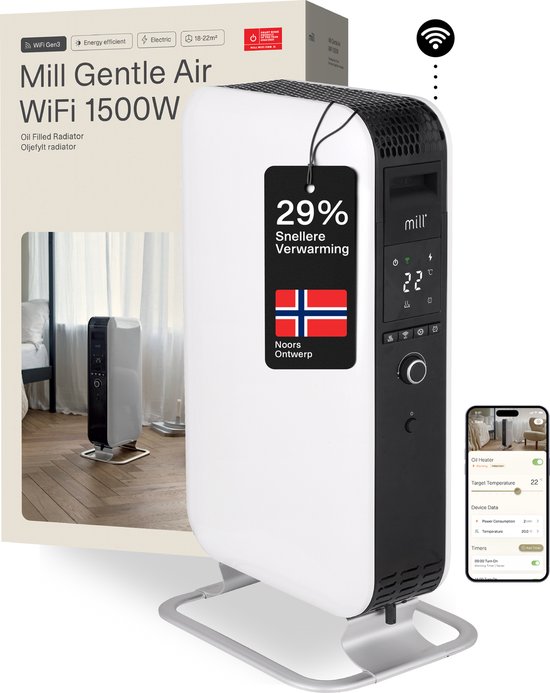 Mill OIL1500WIFI3 - WiFi-geïntegreerde design olieradiator - tot 24m2 - 1500 Watt - droogt de lucht niet uit - wit - 5 jaar garantie
