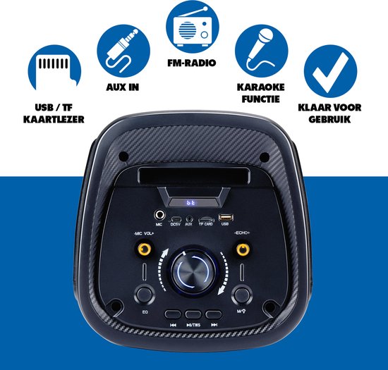 Bluetooth Speaker met Microfoon - Partybox met Sfeerverlichting - Muziek Box en Karaoke Set - Party Speaker met Bluetooth, Aux en USB Ingangen - Makkelijk te Verplaatsen met Handvat - Zwart — afbeelding 3