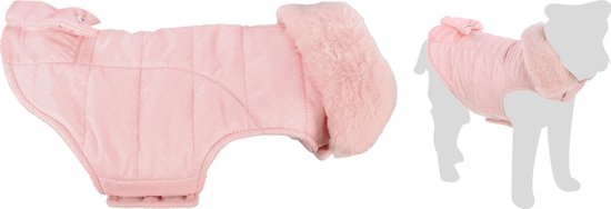 Set van twee: roze hondenjas met stippen, bontkraag en strik, en hetzelfde model op een hond.