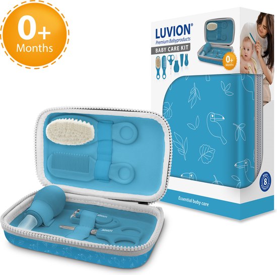 LUVION® Baby Verzorgingsset Blauw - uitgebreide 8 delige geschenkset met baby verzorgingsproducten - Manicureset en nagelset met nagelknipper, nagelvijl en nagelschaartje - Borstel en kam voor de haarverzorging - Neuszuiger - Kraamcadeau Jongen