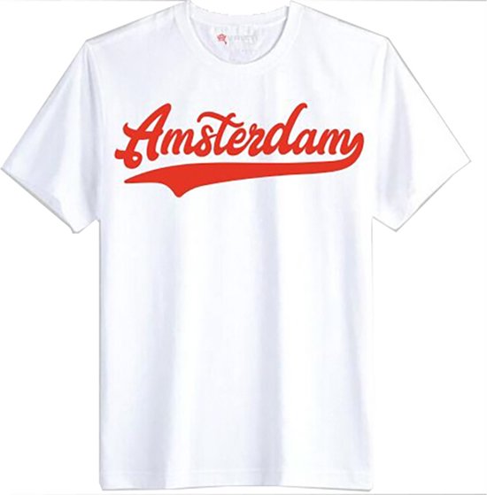 T-shirt blanc avec l'inscription 'Amsterdam' rouge en style script.