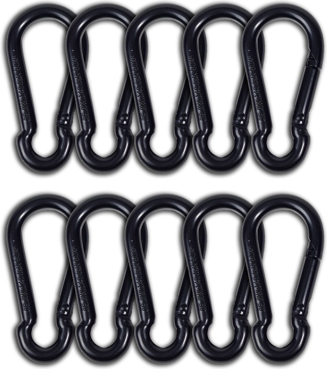 BCF-Products - Karabijnhaak - 8x80mm - 10 stuks - Zwart - Musketonhaak - Carabiner