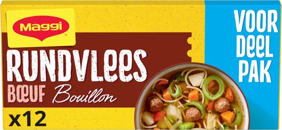 Maggi Rundvlees Bouillon, 12 blokjes voor 12 liter bouillon. Een schaal met rundvleesbouillon soep.