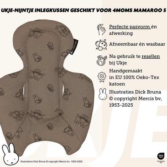 Ukje-Nijntje Verkleinkussen geschikt voor 4Moms Mamaroo 5 Rockaroo Wipstoel - Newborn Insert - Dubbelzijdig - Makkelijk Wasbaar - Perfecte Pasvorm - Zacht Katoen - Taupe Nijntje — afbeelding 4
