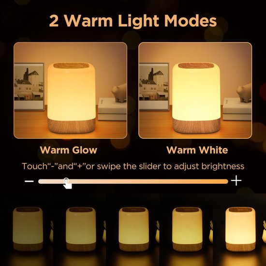 RHYTHMFLAME USB Oplaadbaar Nachtlampje - Warm Licht & RGB Kleuren - Timer - Nachtlampje voor de Slaapkamer - Sfeerlamp - LED verlichting - Leeslamp - Tafellamp - Bedlamp voor Baby, Kinderen & Volwassenen - Dimbaar - Touch Control - Houtnerf