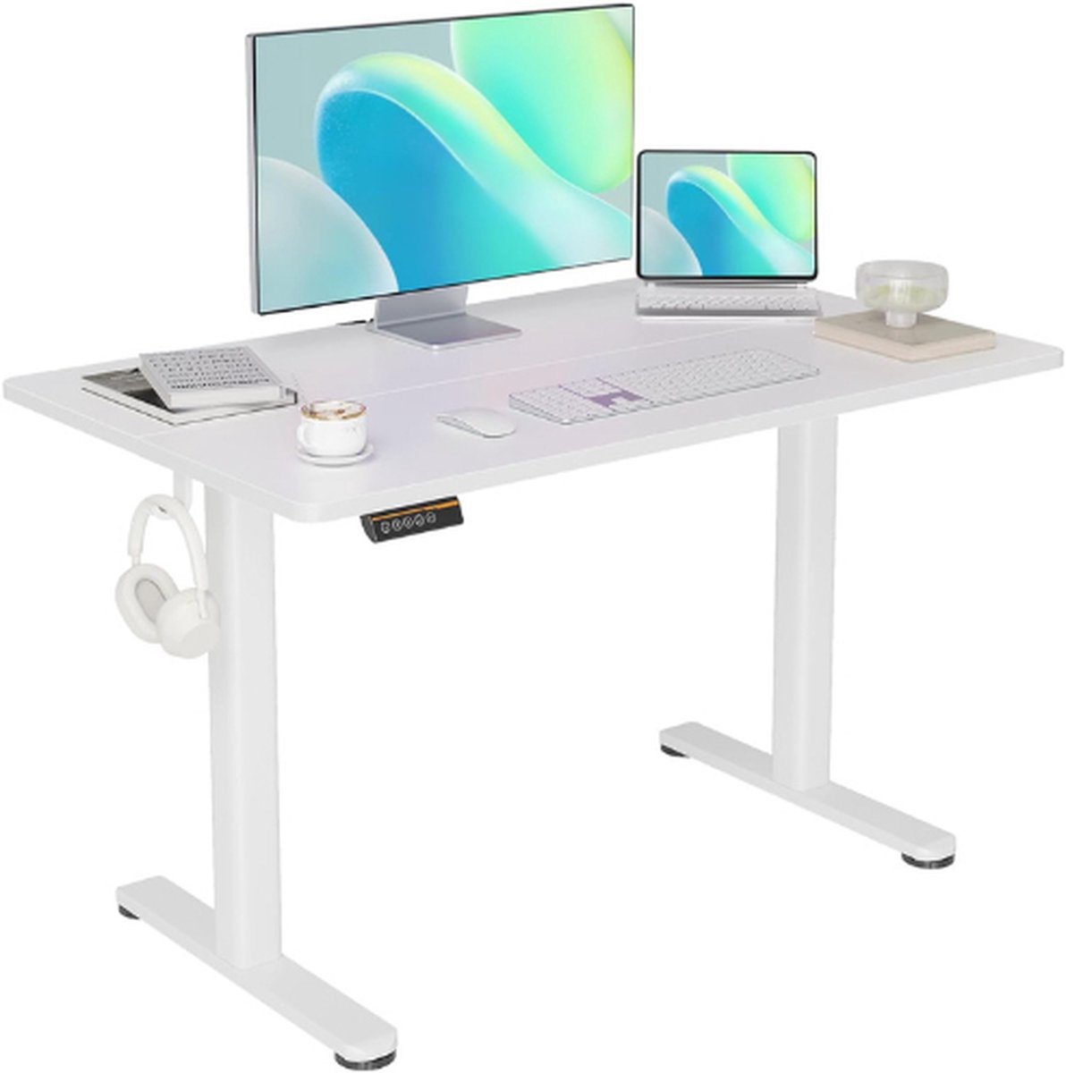 BOG Elektrisch Sta-Bureau 120x60 Cm - In Hoogte Verstelbaar Bureau Met Kabelbeheer - Computerbureau Zit/Sta Standaard Met Geheugenfunctie En Botsingsbeveiliging - Wit