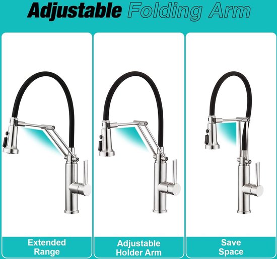 Goodivery ® Keukenkraan met 4 waterstralen verwijderbaar, eengreepsmengkraan voor aanrecht Mengkraan opvouwbaar met zwarte flexibele siliconen zachte slang, geborsteld