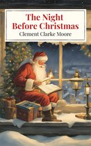 Kerstman zit bij het raam, leest een boek bij kerstboom en cadeautjes. 'The Night Before Christmas' door Clement Clarke Moore.