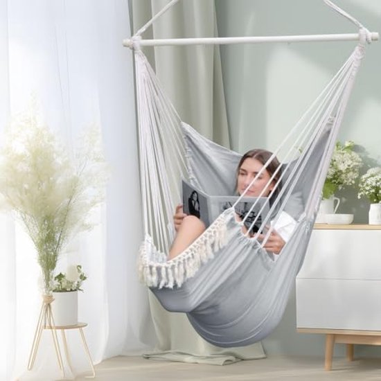 Hangmat katoenen hangtouw sky stoel schommel zitkussen tuin buiten binnen - color- color bar blue kopen? | Korting tot 39