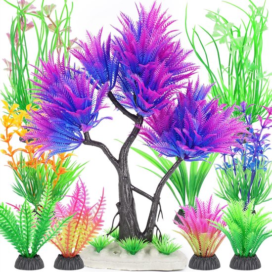 Plantes artificielles en plastique Décoration d'aquarium, petite plante en plastique, faux arbre, Accessoires de vêtements pour bébé de Décoration pour Aquarium violet, 10 pièces
