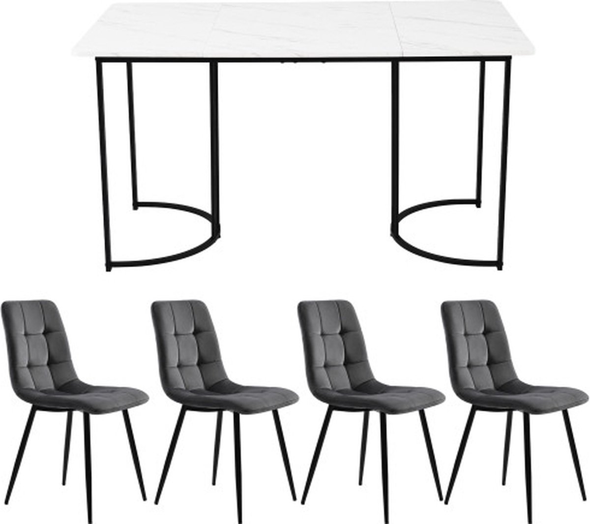 Gotagee Eetset (5-delig) Eettafel met 4 stoelen set Donkergrijs Fluweel Eetkamerstoelen Keukentafelset met Zwarte metalen poten MDF tafelblad in wit