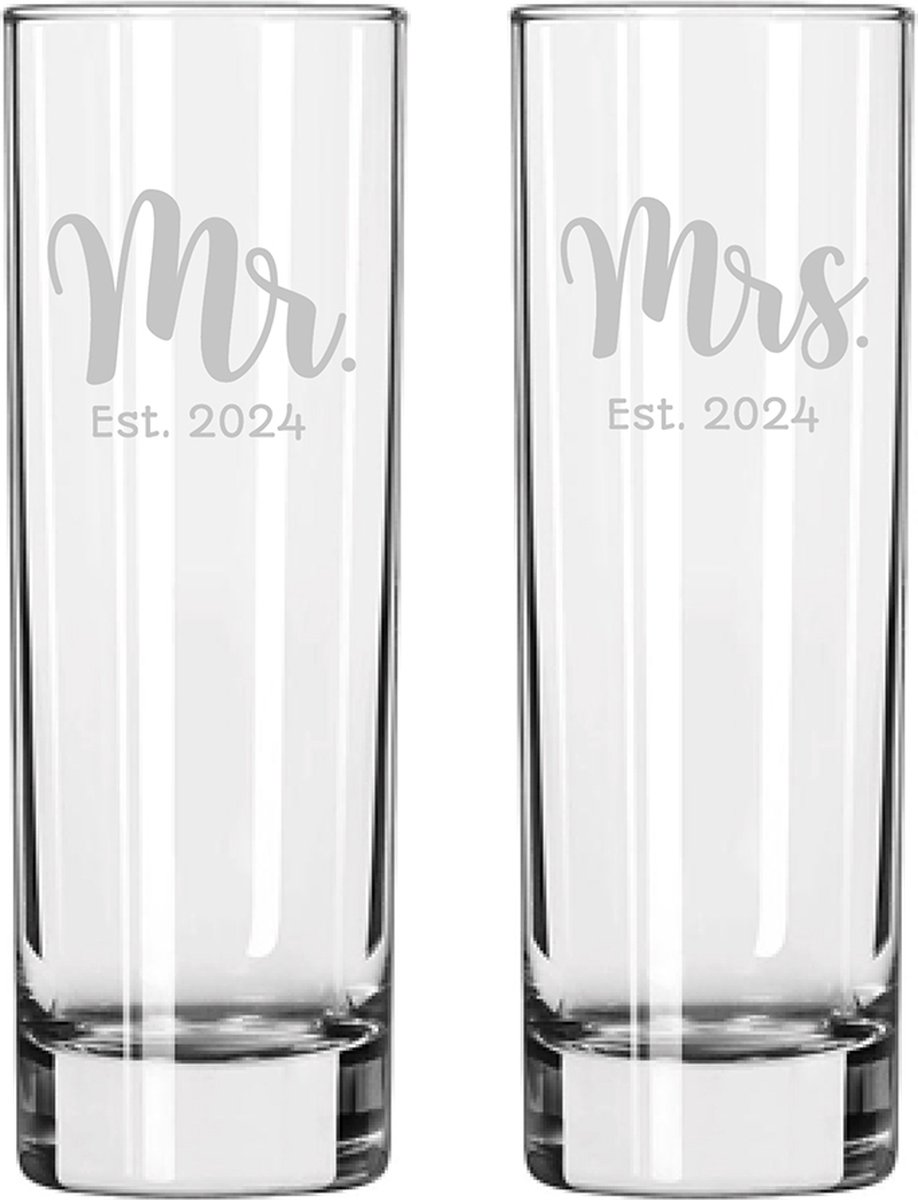 Gegraveerde set longdrinkglazen 22cl Mr. Est. 2024 - Mrs. Est. 2024