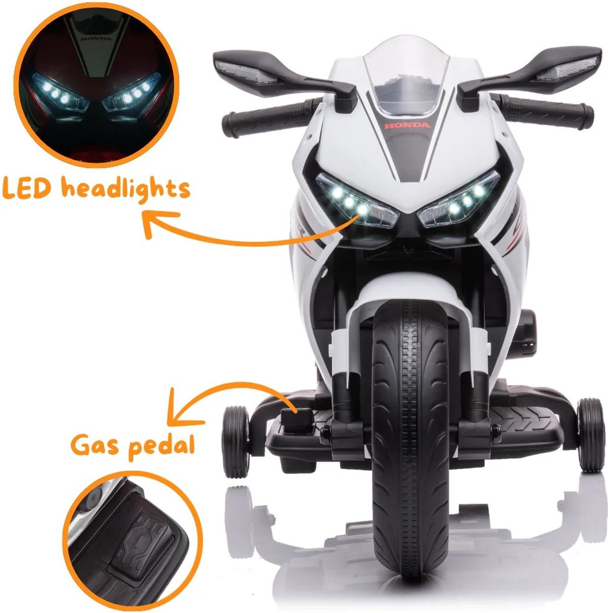 Honda CBR 1000RR Full Option Elektrische Kindermotor 2 tot 5 jaar – Officieel Gelicentieerde Motor met LED-Koplamp & Claxon – Li-ion Kindermotor met Verwijderbare Zijwieltjes & Realistische Geluiden – Wit — afbeelding 12