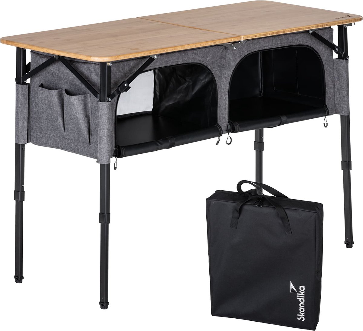 Skandika campingtafel met kast Tolja - Outdoor bamboe klaptafel met opbergruimte, in hoogte verstelbaar, inklapbaar, campingkast met legplanken, draagtas | campingmeubilair, tuin, balkon