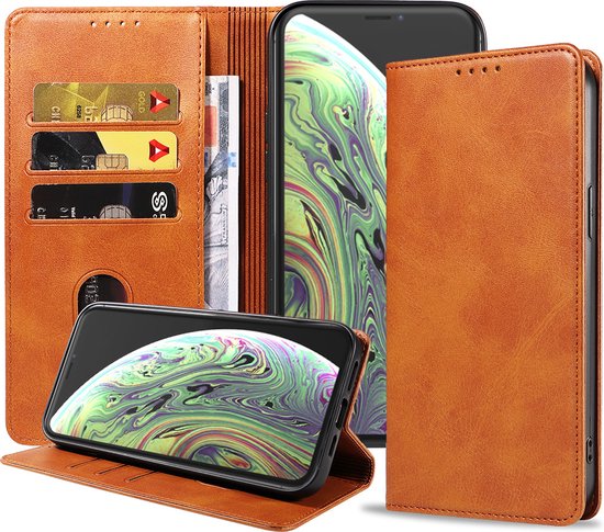 Coque iPhone X en Cuir Marron - Coque iPhone X en Cuir de Luxe avec Fermeture Magnétique Marron - Etui Bookcase en Cuir Marron avec Porte-Cartes pour iPhone X - Smartphonica