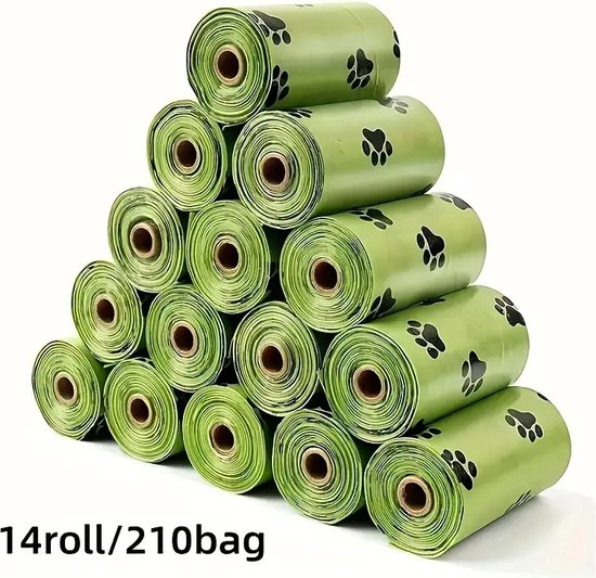 Sacs à déjections canines biodégradables, 14 rouleaux/210 sacs, avec motif imprimé patte, étanches et de haute qualité, Perfect pour une utilisation en extérieur