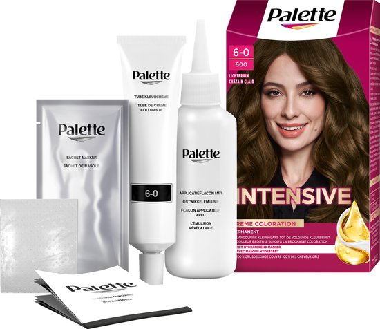 Palette Intensive haarverf set: doos met model, kleurcrème tube, ontwikkelemulsie fles, sachet masker, handschoenen en instructies.