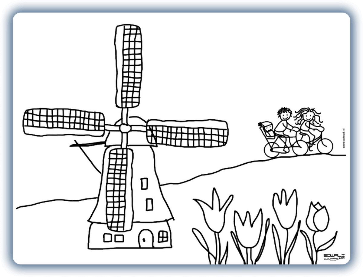 Placemat Molen met fietsers - inkleurbaar en uitveegbaar - 30 x 40 cm