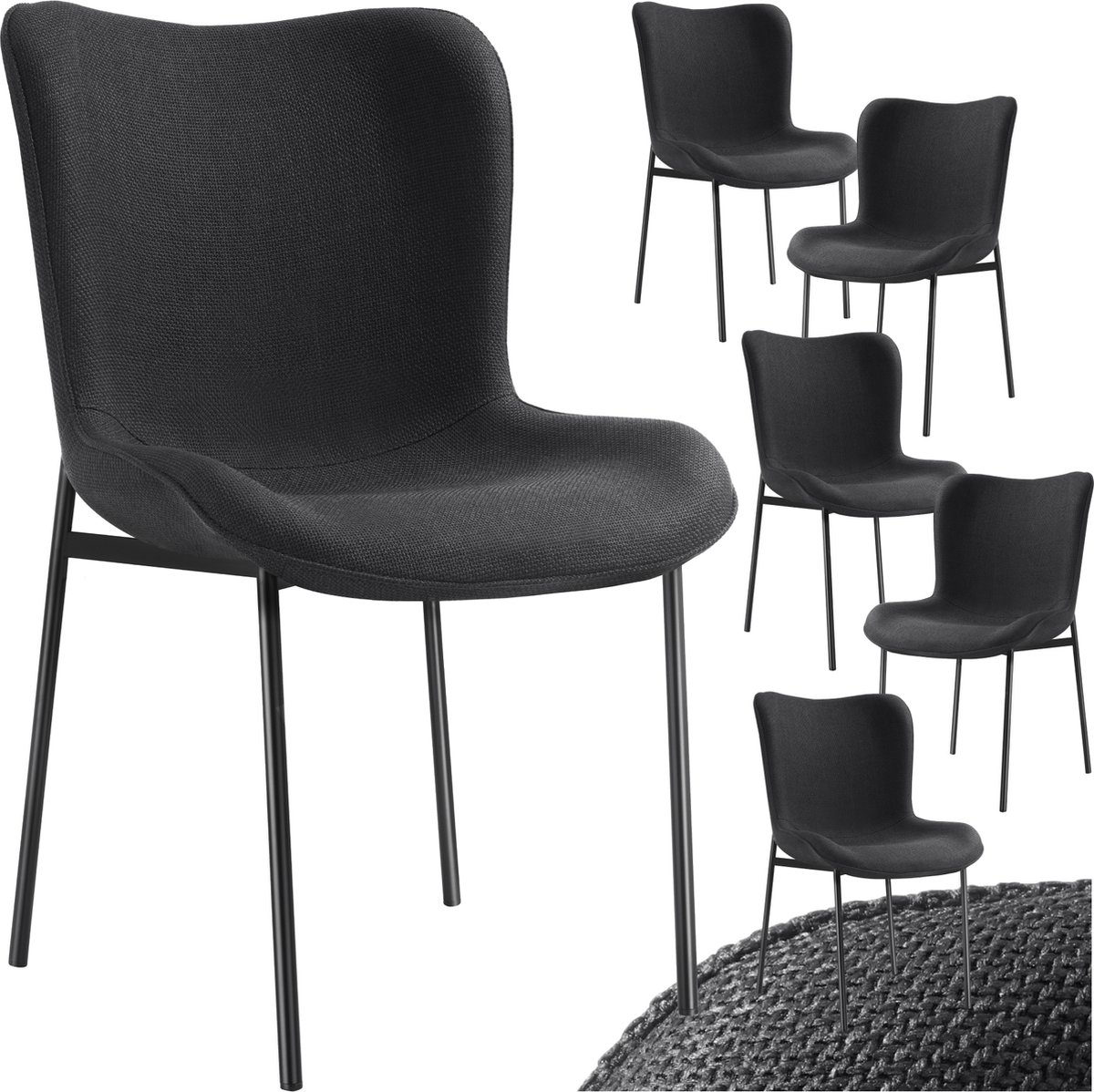 Tectake Gestoffeerde stoel - Eetkamerstoel - Geweven stof - Ergonomische vorm - Hoge rugleuning - Draagkracht 120 kg - Diverse kleuren - Set van 6 - Zwart/zwart