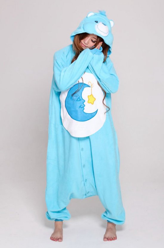 KIMU Onesie Blauwe Troetelbeer Pak - Maat 140-146 - Troetelberenpak Beer Kostuum Bedtime Maan Ster - Berenpak Huispak Pyjama Meisje Jongen Halloween