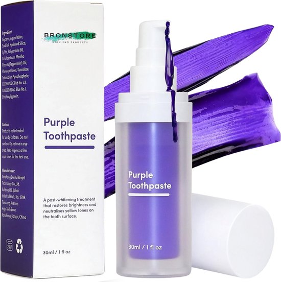 Bronstore® Paarse Tandpasta - V34 Colour Corrector Tandpasta - Witte Tanden - Tanden Bleken - Tandpasta - Inclusief Bamboe Tandenborstel