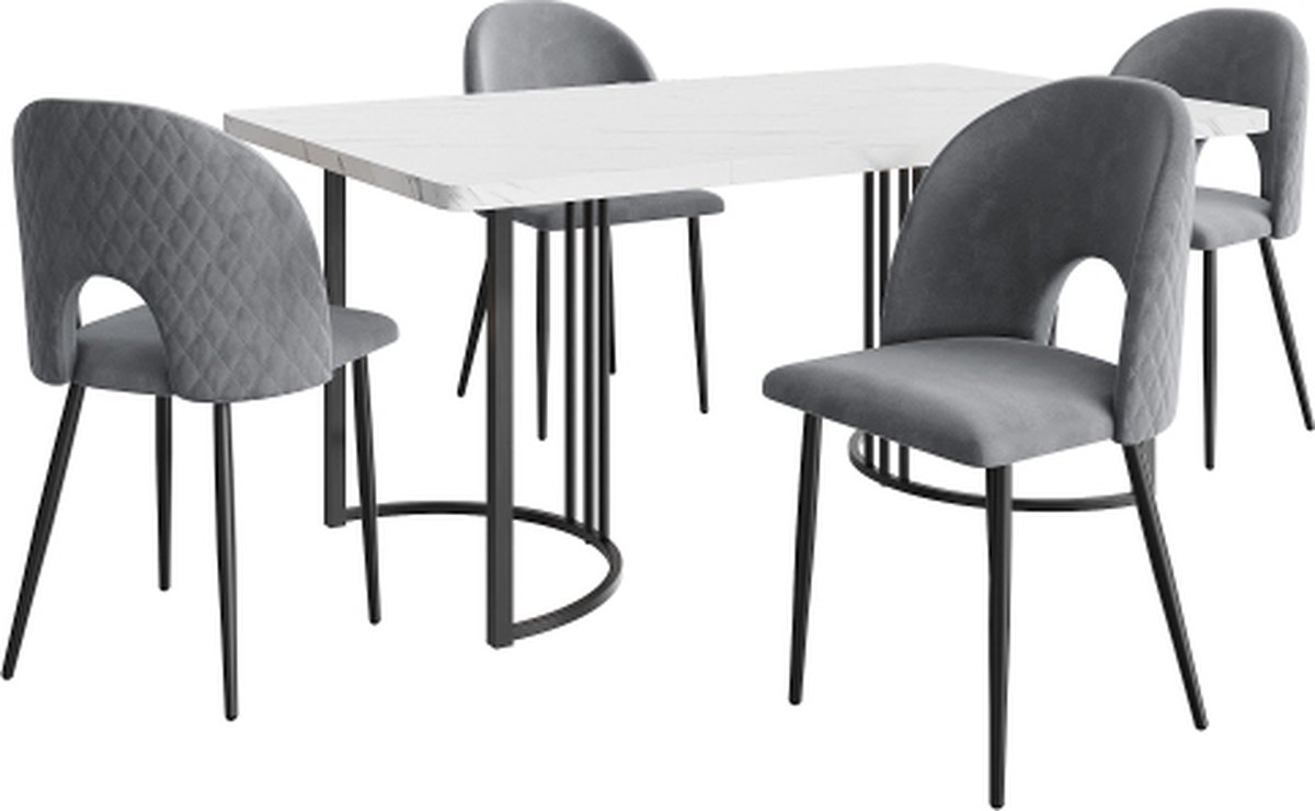 Gotagee Tafelset met 4 stoelen Grijs fluwelen Eetkamerstoel Verstelbare stoelpoten Keukentafelset met MDF tafelblad in wit Zwarte tafelpoten