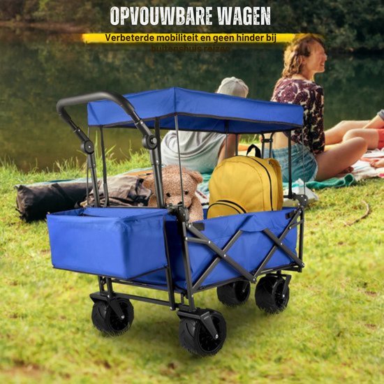 Blauwe Opvouwbare Bolderkar - 220L - Met Duw- en Trekstang - Kindertransport van Merkloos — afbeelding 4