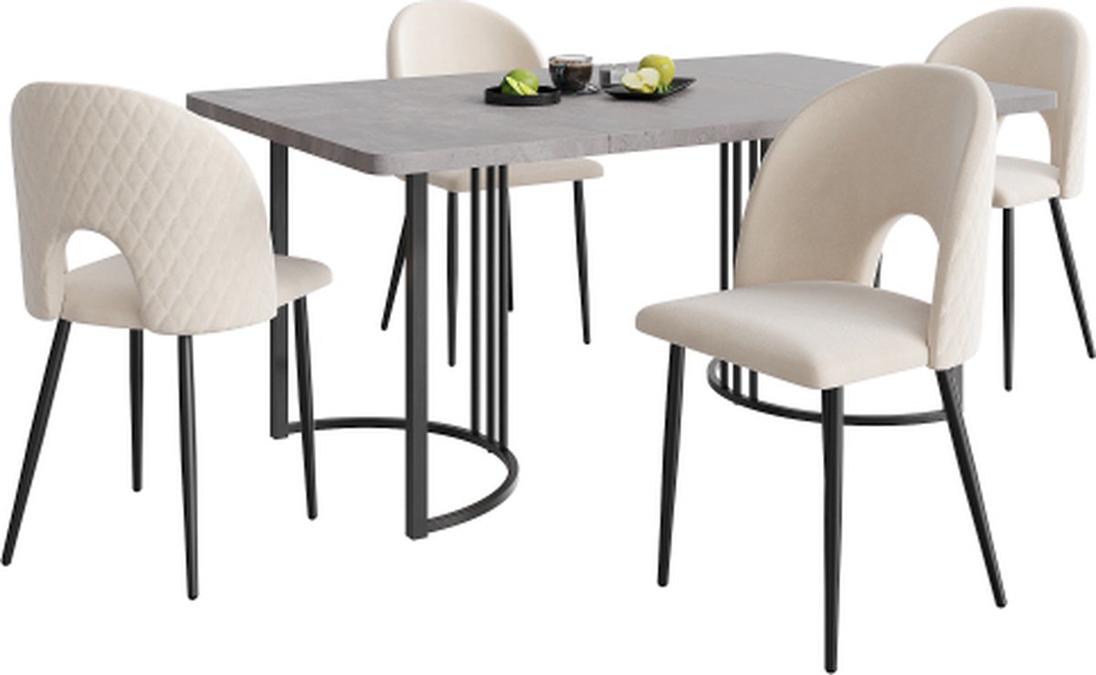 Gotagee Tafelset met 4 stoelen Beige fluwelen Eetkamerstoel Verstelbare stoelpoten Keukentafelset met MDF tafelblad in grijs Zwarte tafelpoten