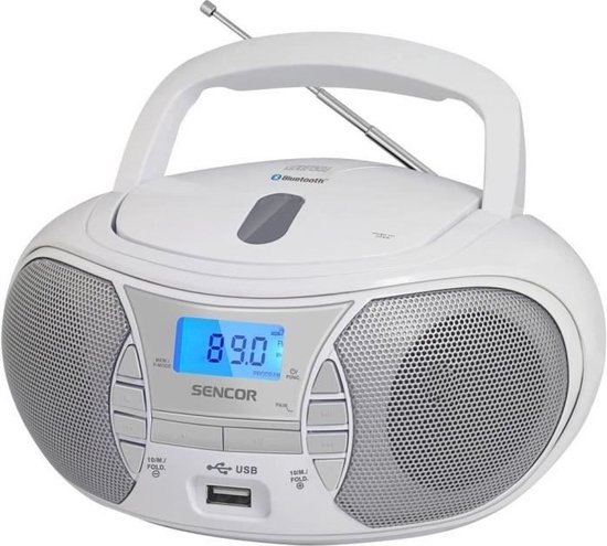 Witte Sencor SPT 2700 WH boombox met zilverkleurige details, een blauw display en een zilverkleurige antenne.