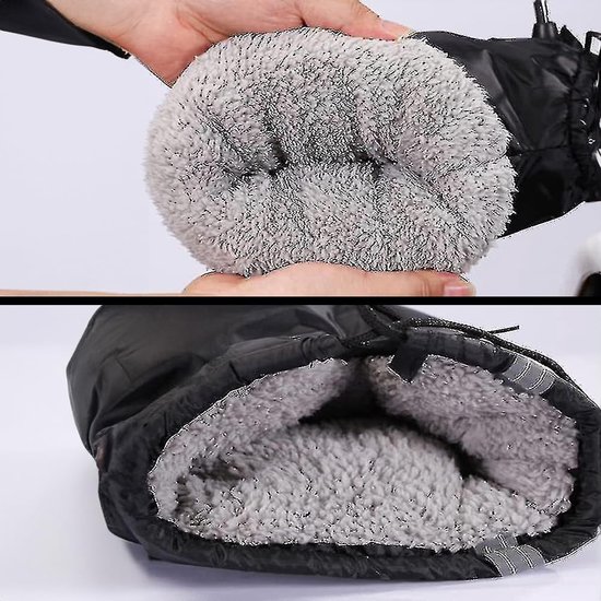 Detail van de zachte, grijze fleece voering van de zwarte fietswanten.