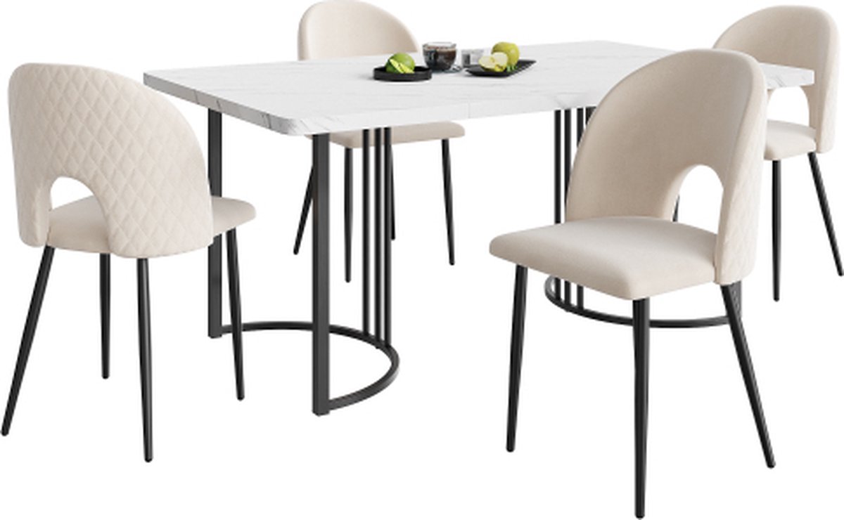 Gotagee Tafelset met 4 stoelen Beige fluwelen Eetkamerstoel Verstelbare stoelpoten Keukentafelset met MDF tafelblad in wit Zwarte tafelpoten