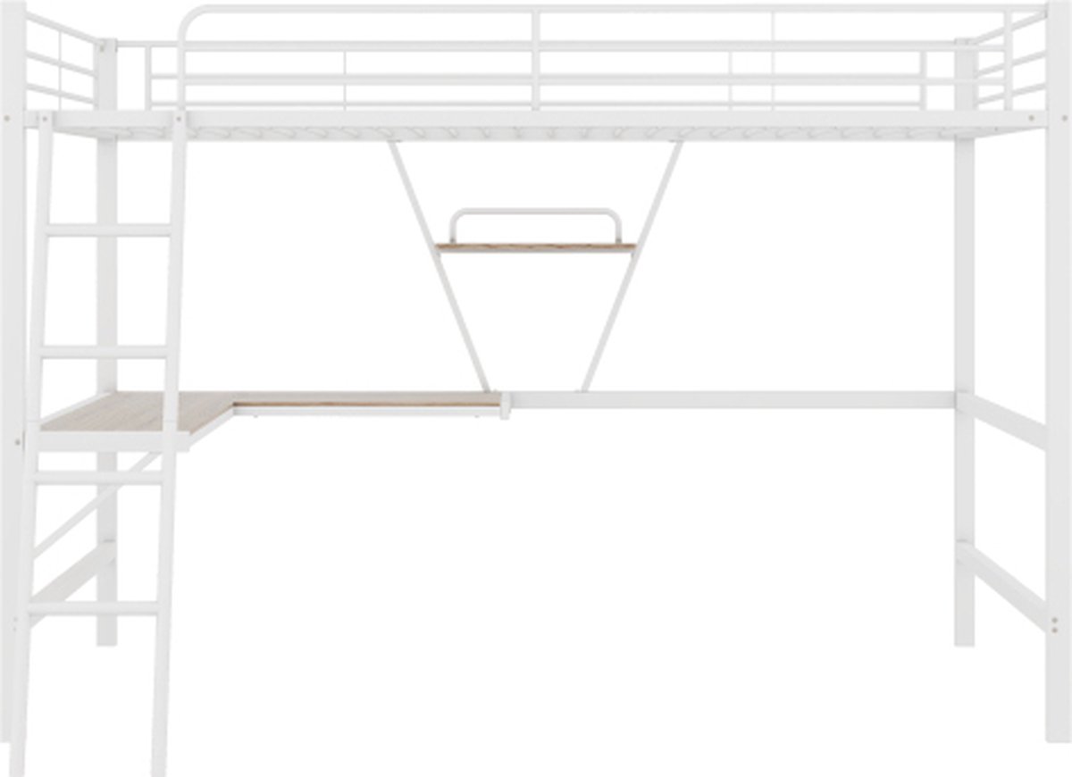 Gotagee Hoogslaper, 90x200cm bedframe metalen bed, ijzeren bed, hoogslaper met L-vormig bureau en een plank voor kinderen, tieners en volwassenen, zonder matras