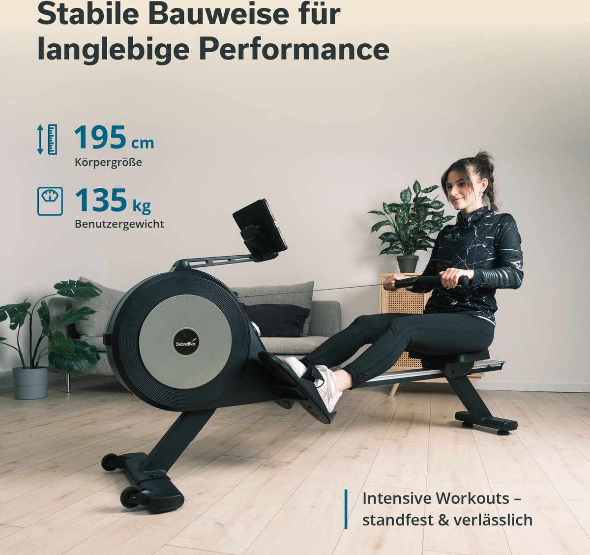Afbeelding 3 van Skandika zelfgenererende roeimachine Njord P6-G | 32 elektrische weerstandsniveaus, tot 200 cm en 135 kg, compatibel met Kinomap-app, roeimachine voor thuis