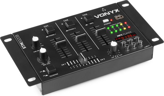 Zwart Vonyx STM3020 DJ-mengpaneel met 3 kanalen, USB-poort en MP3-speler.